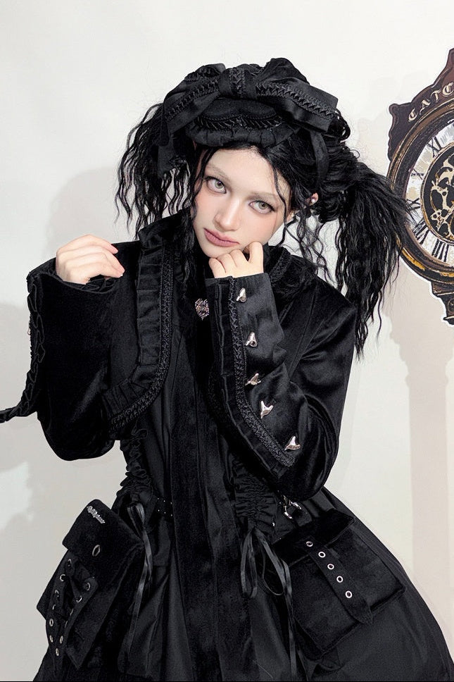 Steampunk Brown x Gothic Black Velvet Ruffle Heart Motif Cuff Cropped Jacket