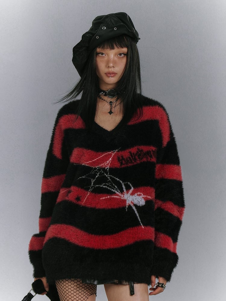 Black Punk Sweater Spider Red V-neck and Striped