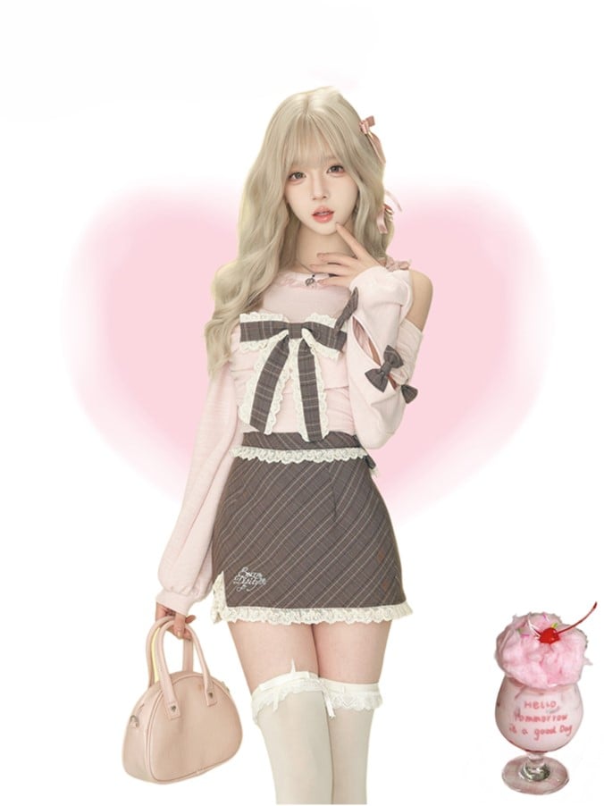 Bow Top Puff Accents and Sleeves Plaid Shoulder Knit Cutout with Pink