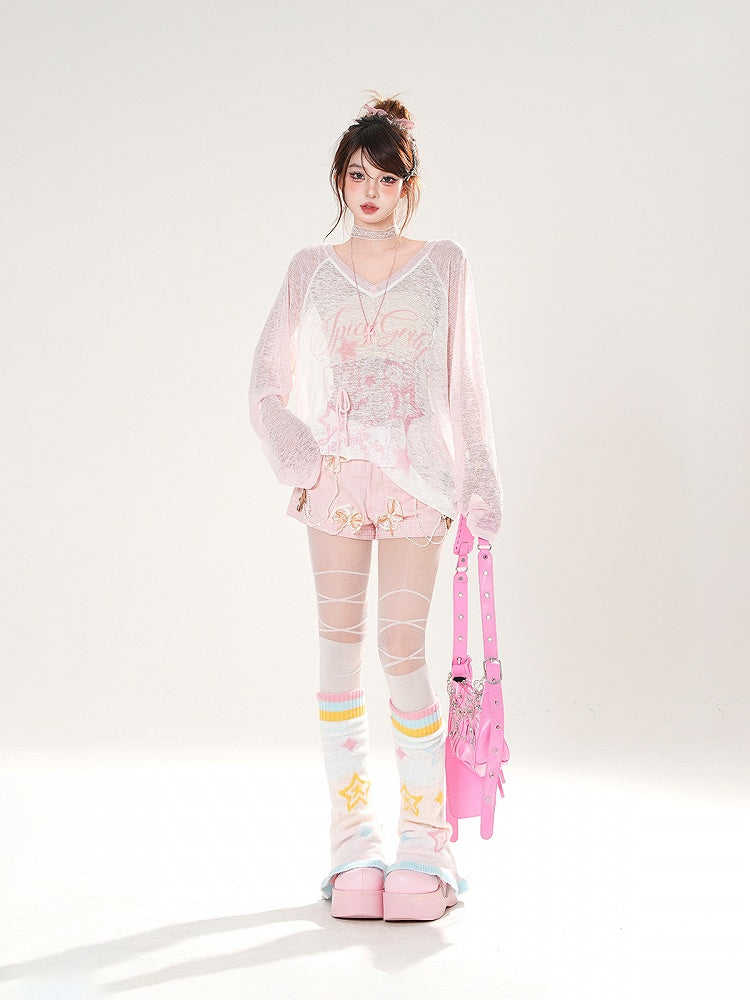 Dunkelgraue/weiße/rosa Shorts mit Schleifenverzierung und Perlenketten