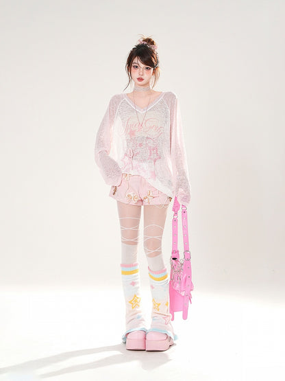 Dunkelgraue/weiße/rosa Shorts mit Schleifenverzierung und Perlenketten