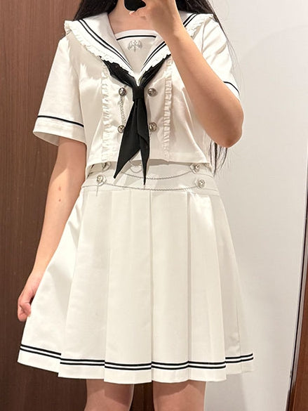 Pleated Sleeves White Navycore JK + Collar Short Skirt Uniform Sailor Set- Top