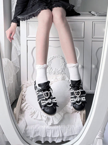 Black Jirai Kei Style Flat Shoes with Heart Buckle, Bowknot & Crystal Embellishments - Transfer Student