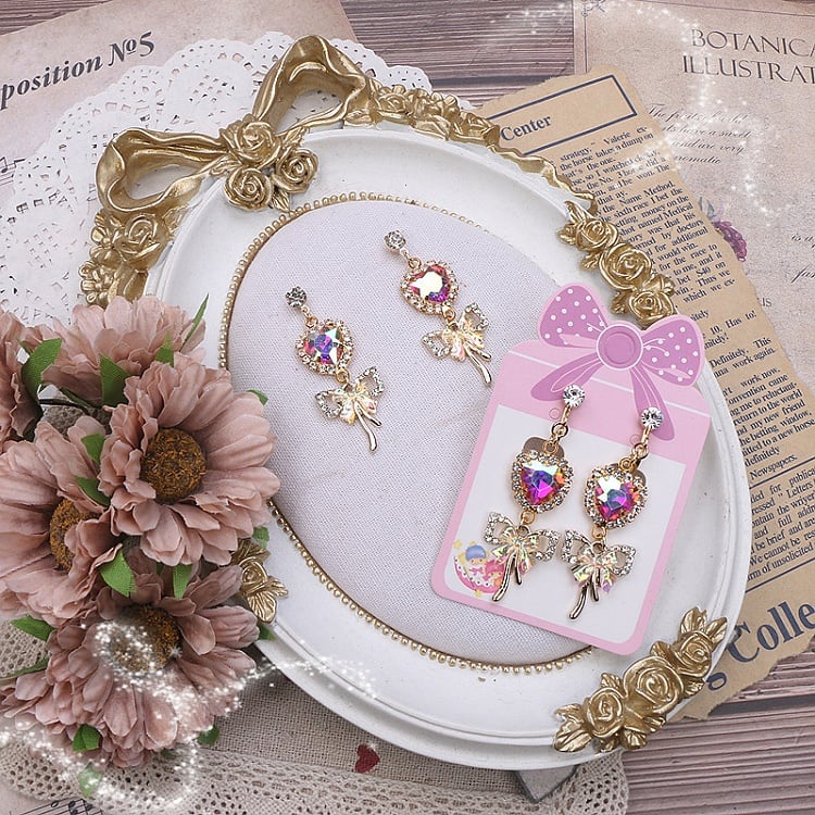 Jirai Heart Butterfly Rhinestone Options 3 Color Kei Earrings