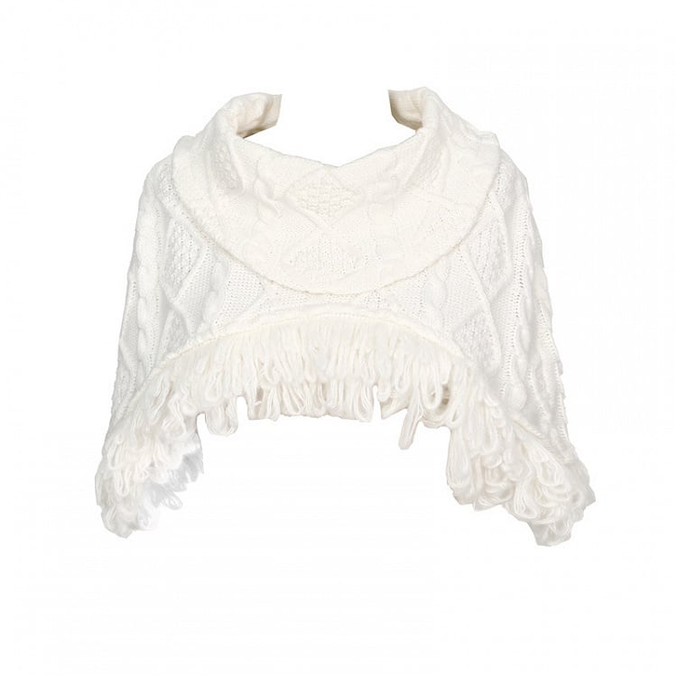 Cable Knit Shawl Cream White Fringe-Edged with Thick