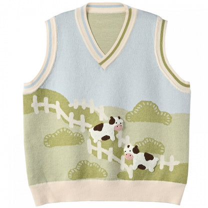 グリーン牧草地牛柄ニットベスト