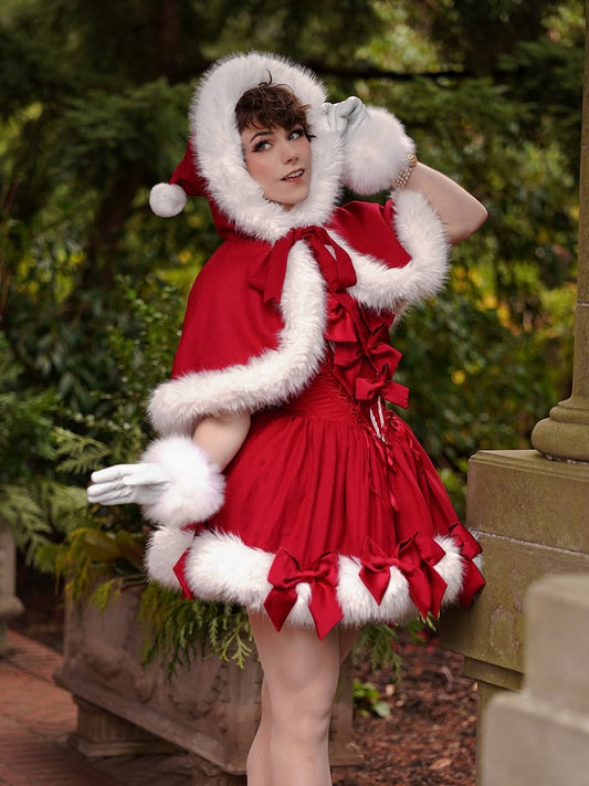 Dress Cape + Full Set Red Christmas Boning and Neckline Bows Decorated Hemline Plush