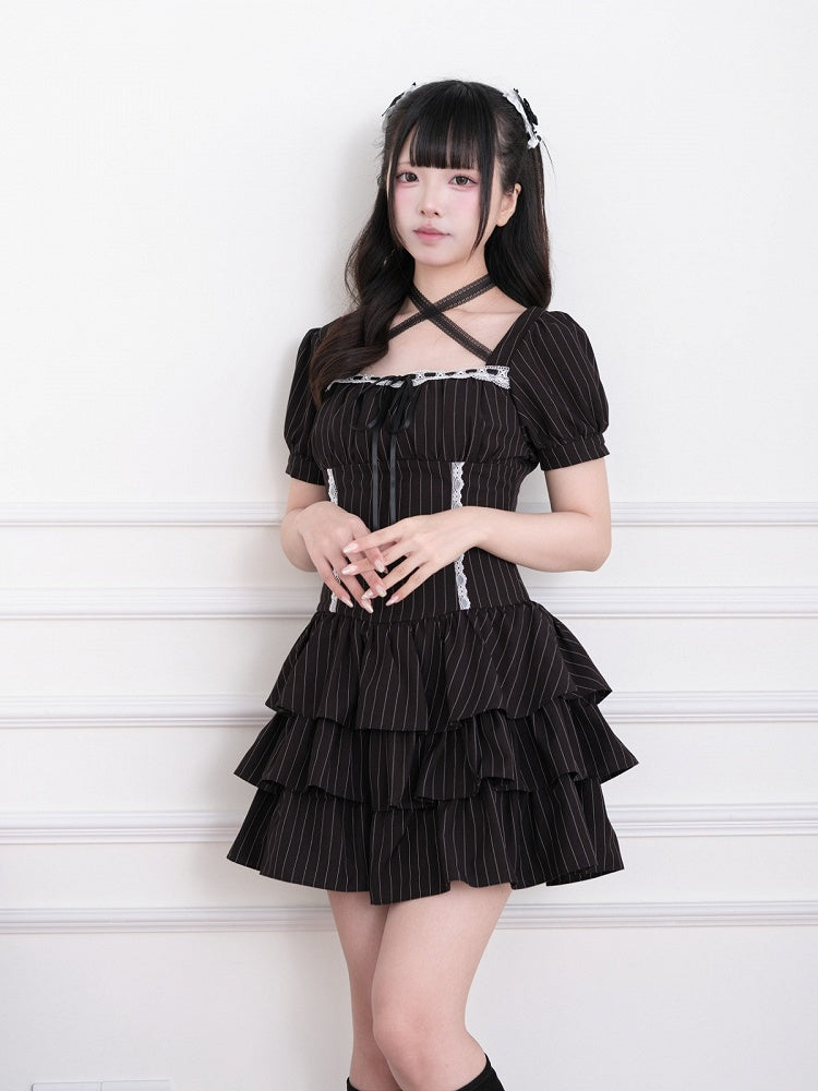 Black Striped Halter Square Neck Short Sleeve Dress - No Genki