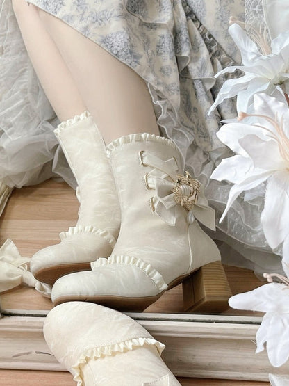 White Lace-Up Bow-Embellished Sweet Lolita Round Toe Ankle Boots - Magic Peach