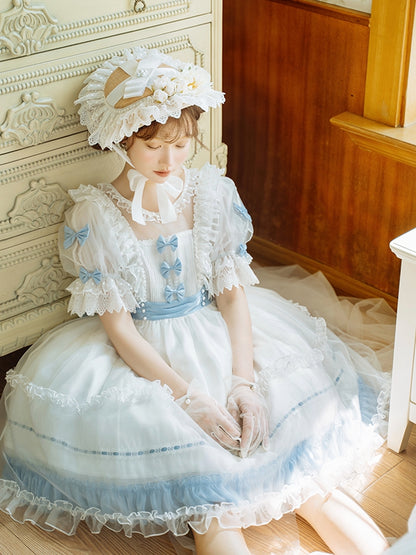 Lolita Bow Dress with Blue Accents and Classic Ruffle White