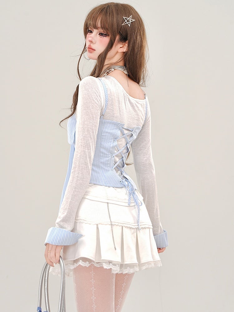 White Semi-sheer Top with Blue Striped Bow Accent Cami Top Set