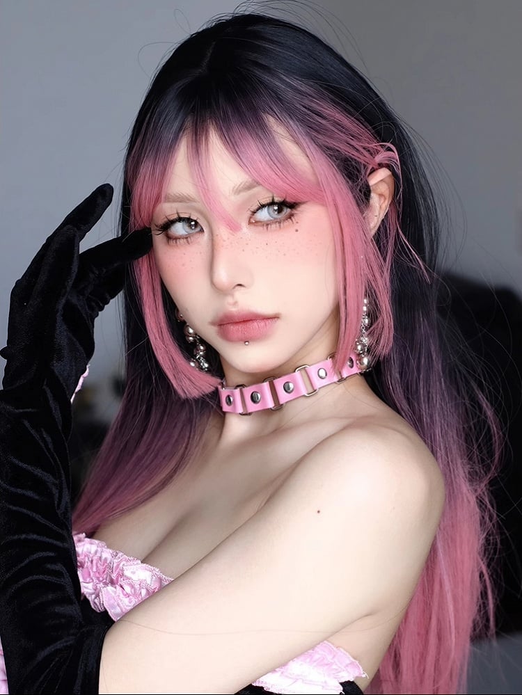 68cm 黒ウィッグ オンブル 長さ ストレートバング エアピンク