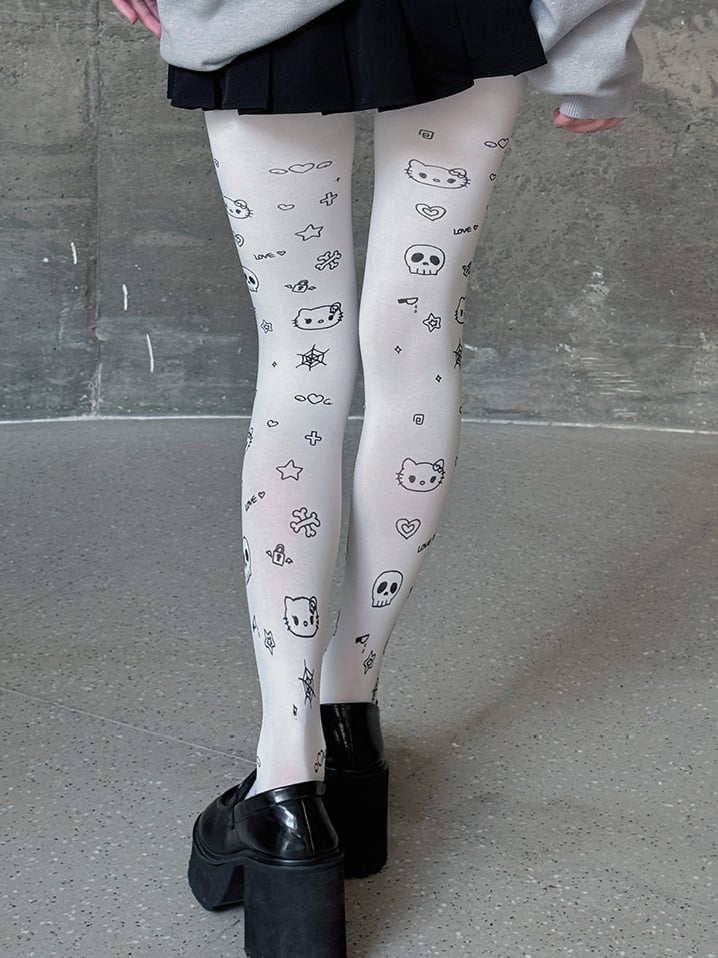 ホワイトのスイートキティハートスタープリントカートゥーンタイツ
