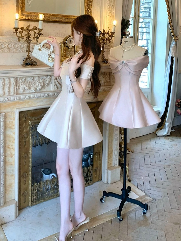 Off-Shoulder Straps Dress Elegant Thigh-length Detail Detachable with Bow