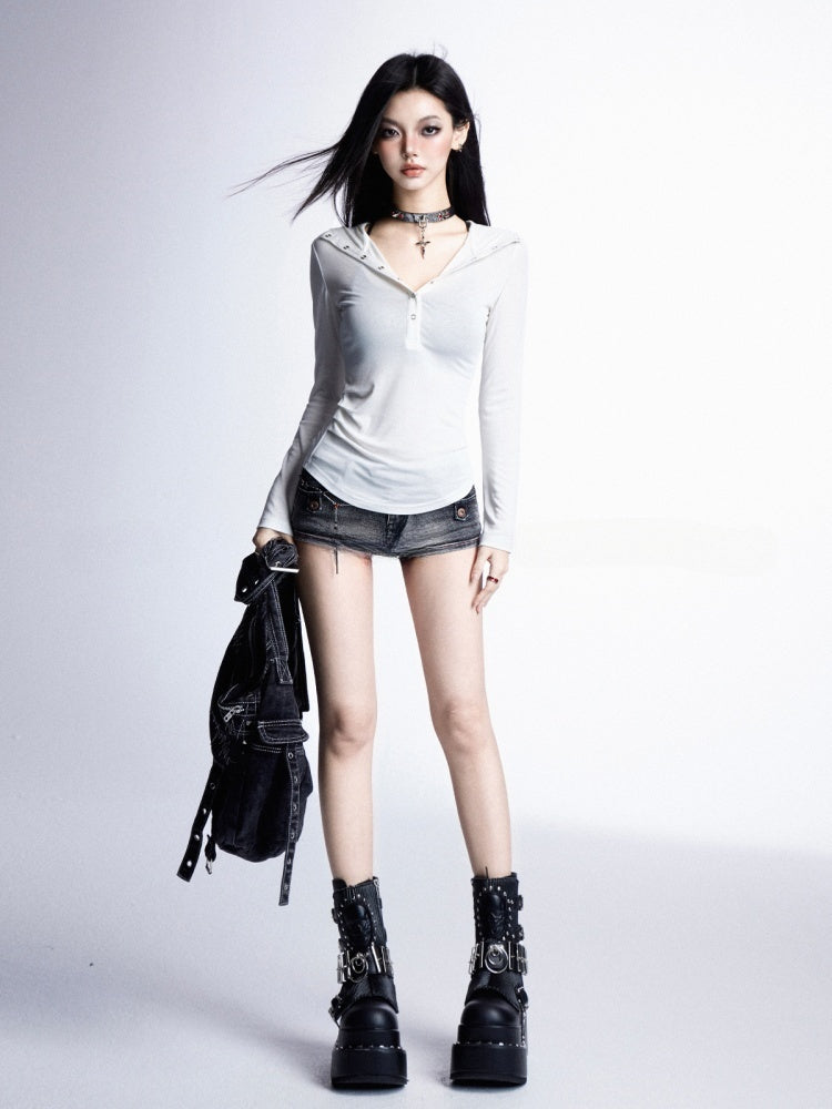 Snap Placket Neckline Sun Protection Hooded Top White Partial