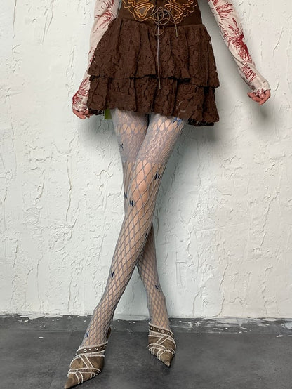 Fishnet Gray Design Cut-out Tights Y2K