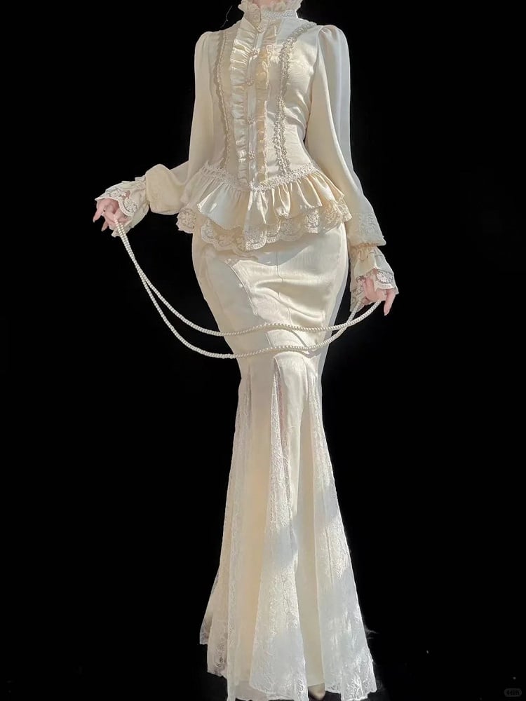 Classic Apricot Elegant Lolita with + Ruffled Set Details Blouse Lace Mermaid Skirt Long Sleeves