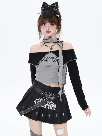 Grey Letters Off-the-shoulder Neckline Cropped Top with Free Scarf