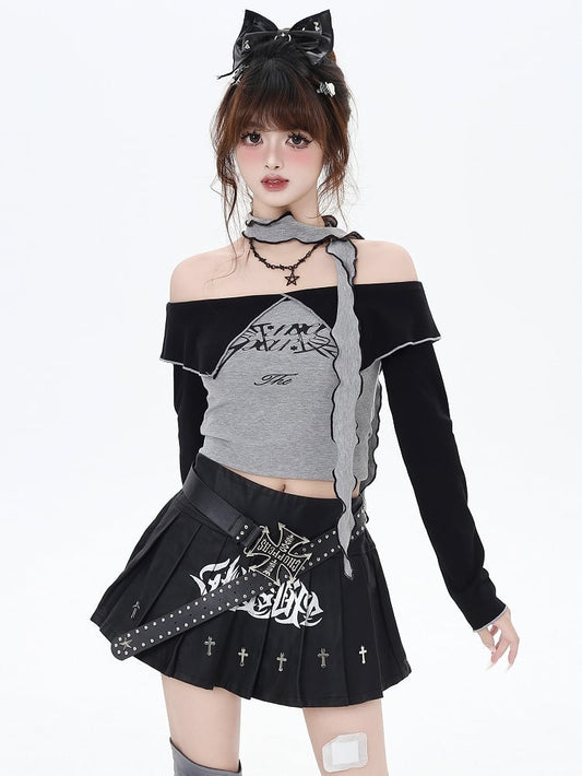 Grey Letters Off-the-shoulder Neckline Cropped Top with Free Scarf