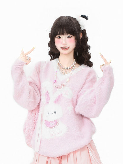 Decorative Motif Strap Sweater Kawaii V-neck Bunny Self-tie - Daily Blue/Pink