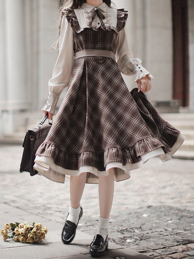 Brown Fake Long Belt Sleeves Dress with Two-pieces Plaid Waist