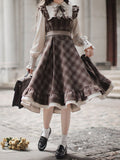 Brown Fake Long Belt Sleeves Dress with Two-pieces Plaid Waist