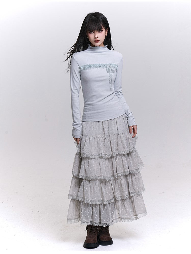 Gray/Beige/Blue Long Sleeve Fitted Top with Ruffled Lace Trim