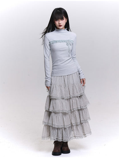 Gray/Beige/Blue Long Sleeve Fitted Top with Ruffled Lace Trim