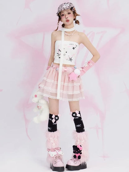 Black/White Stars Print Strapless Top with Free Scarf