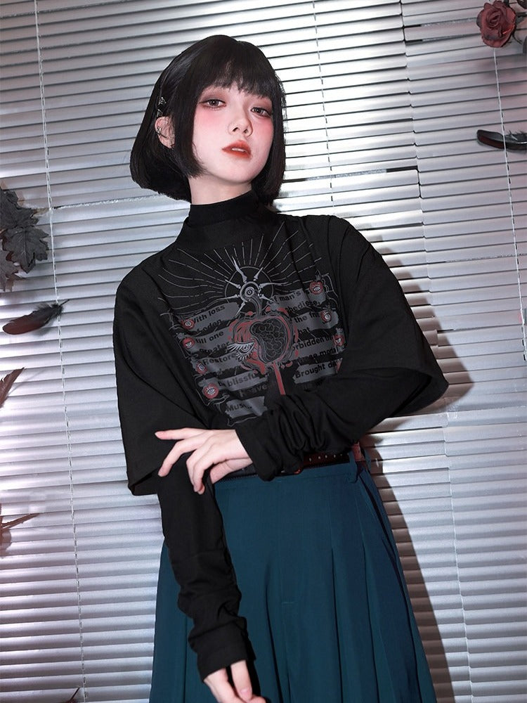 Graffiti With Gothic Sleeve Stand Top Black Print 1/2 Collar
