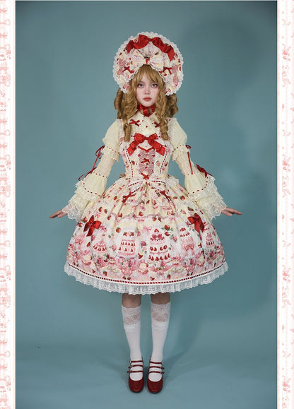 Bow Yellow and Desserts Accents Set Print Strawberry / Full Lolita Sweet JSK