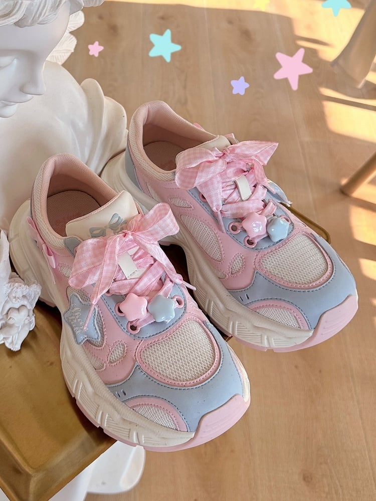 Sneakers Lolita Pink Pattern Plaid Sweet - Lace-Up Blue Closure