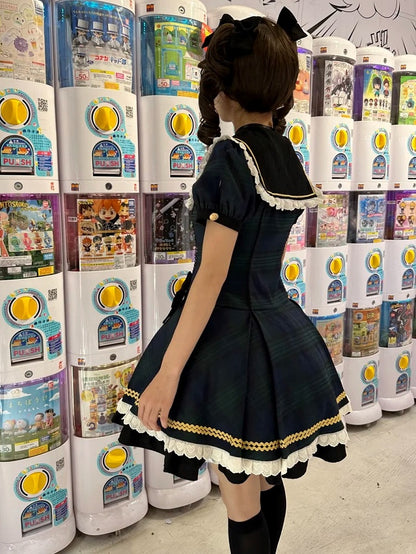 with Lace Plaid Trim Sweet Lolita Green and Black Dress Puppy Patch
