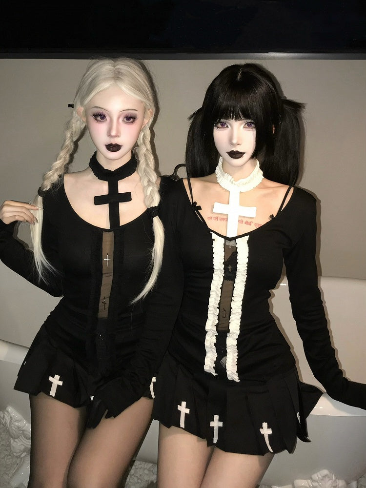 Top Gothic All with White Cutout Black/Black Sleeves Design Long