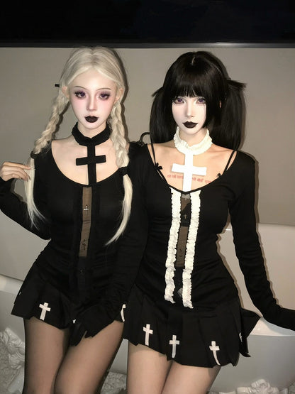 Top Gothic All with White Cutout Black/Black Sleeves Design Long
