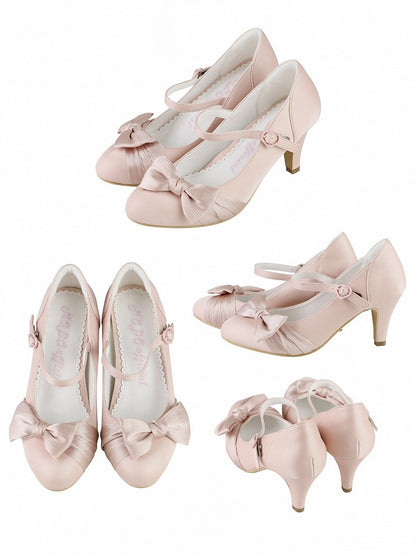 PU Pink Elegant Lolita Mary Janes - Mid-heel Design with Bow Accent & Heart Snap Closure