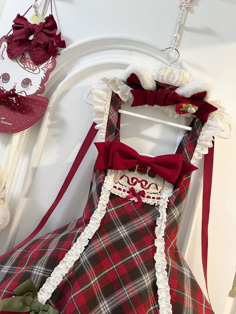 Lolita Plaid Strawberry Sweet Red Hem Scalloped Trim with Tartan Themed Dress Edge