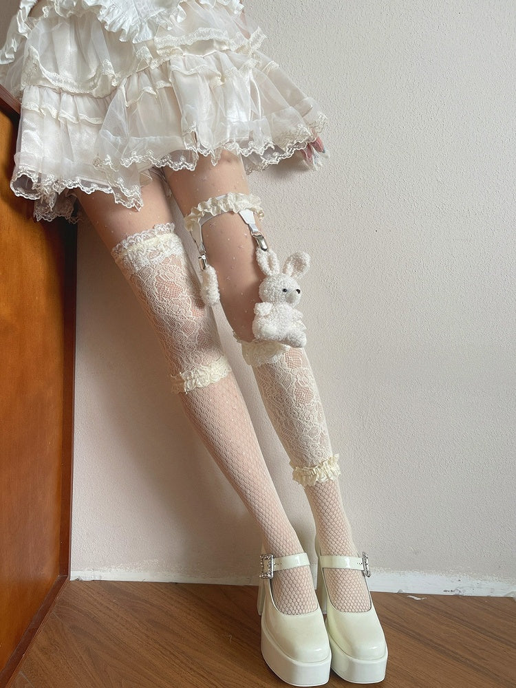 Beige Sweet Sheer Star Tights + Lace Overknee Stockings + Plush Bunny Leg Ring Set - Ms. Sox