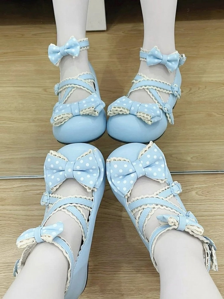 Mary with Janes Snap Heart-shaped Blue Lolita Bow Closure Lace-trimmed Sweet
