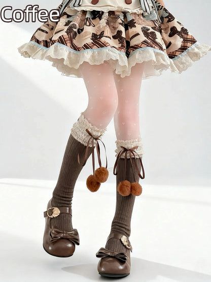 Colors Lace Pom-Pom Socks 5 Ribbon Calf -