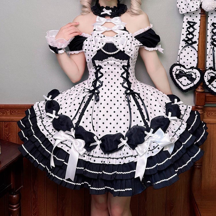Accents Black Polka Dots Dress Old School Bow White Lolita Neck Halter with