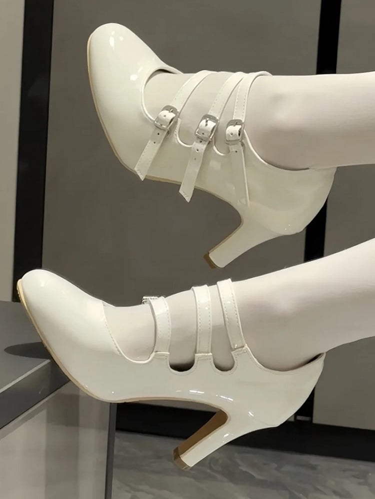 Strap Lolita White Heels Triple with Buckle Elegant Design Polished