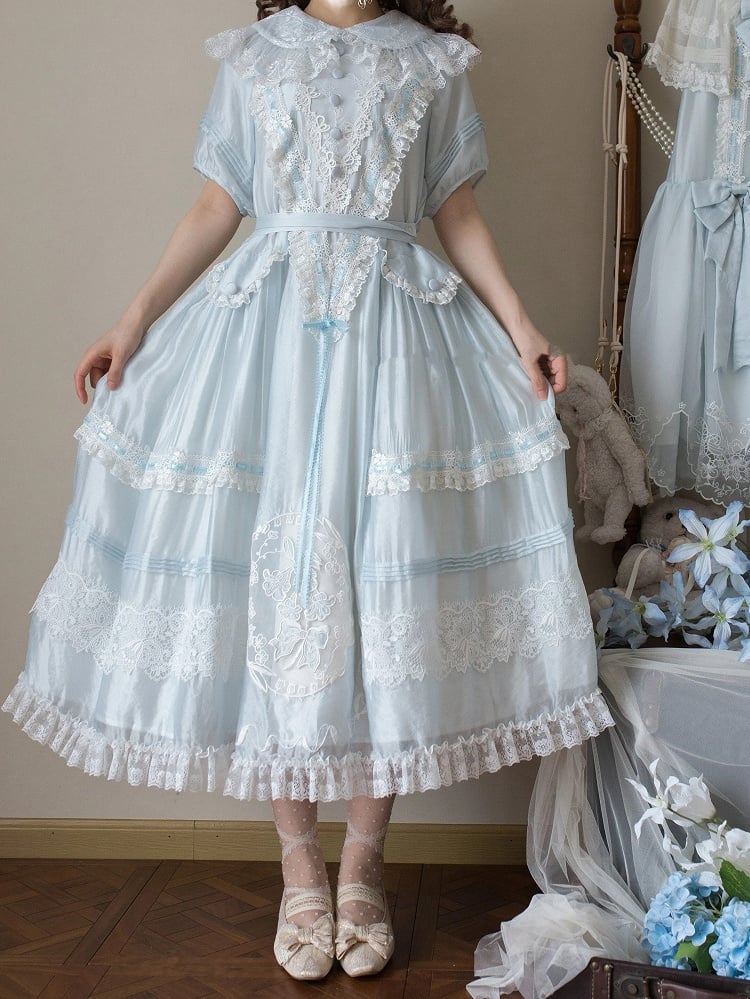 Blue Peter Pan Collar Lolita Long Dress with Lace and Embroidery