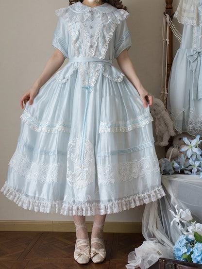 Blue Peter Pan Collar Lolita Long Dress with Lace and Embroidery