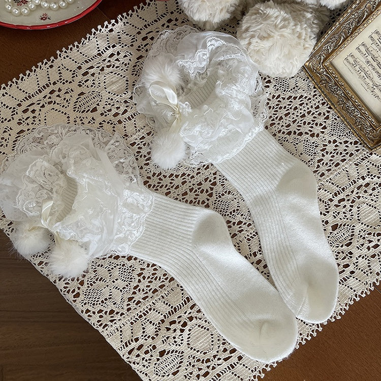 Socks Ruffle Multi-Layer Pom-Pom Lolita with 3 Colors Decoration