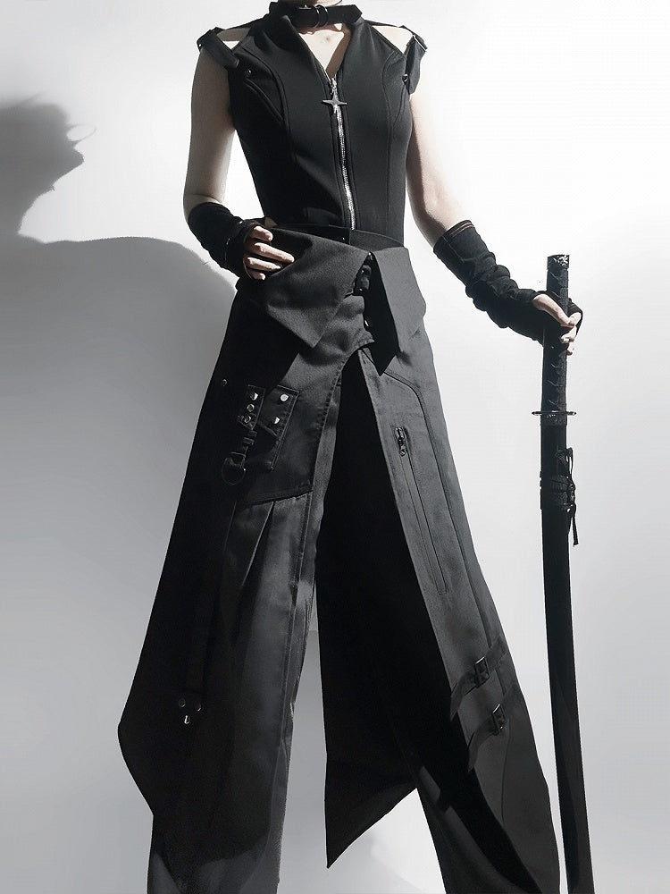 Fashion All Set Ouji Top Full Belt Gothic Sleeveless Pants - Techwear Black + Apron