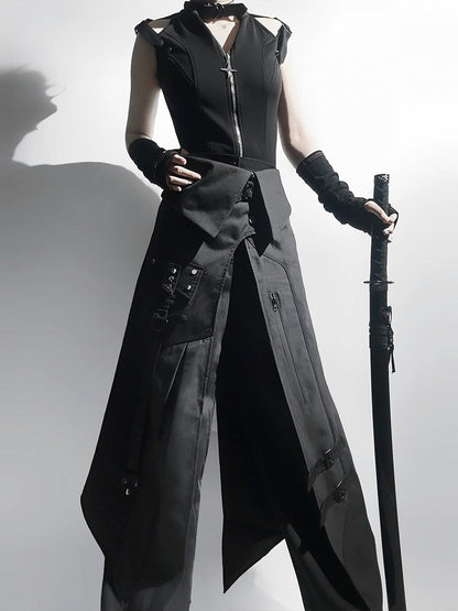 Fashion All Set Ouji Top Full Belt Gothic Sleeveless Pants - Techwear Black + Apron