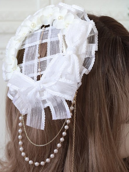 Mini Lolita Accents With Bead Beige/White Bow Hat Chain