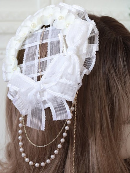 Mini Lolita Accents With Bead Beige/White Bow Hat Chain