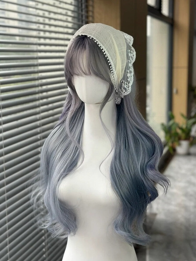 with Wig Wavy Blue Long Bangs 70CM Dusty Full